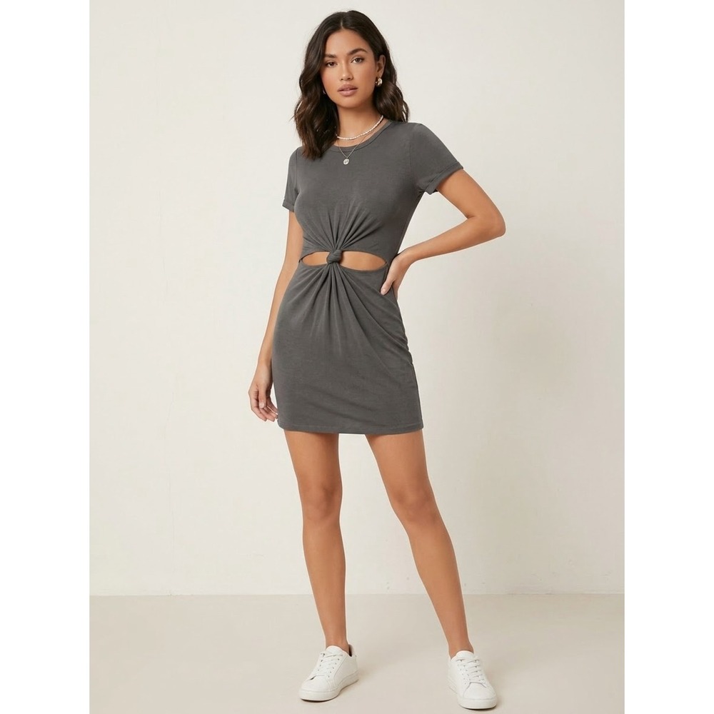 Willy Jay's Washed Grey Front Knot Cutout Mini Dress S Clean Girl Y2K Date Night